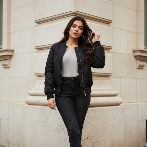 Women's Black Bomber Jacket with Orange Lining - Picture 7 of 14